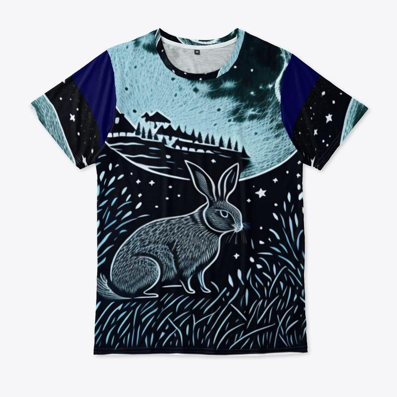  Linocut of rabbit in the moon T-shirt